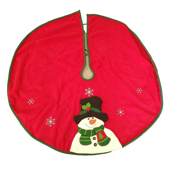 Snowman Christmas Tree Skirt Raised Large 48 in Red Fleece Felt Embroidered - Picture 1 of 3